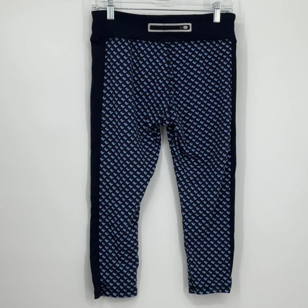 Tory Burch Sport Patterned Leggings Size Large Navy & Light Blue Logo Print